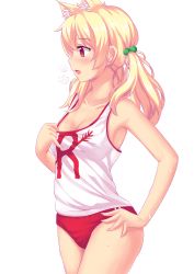 Rule 34 | 1girl, :o, animal ear fluff, animal ears, armpits, bare arms, bare shoulders, blonde hair, blush, breasts, breath, buruma, cat ears, cleavage, clothes pull, clothes writing, collarbone, eyebrows, hair bobbles, hair ornament, hand on own hip, highres, long hair, low twintails, medium breasts, naala, nottytiffy, open mouth, original, profile, pulled by self, red eyes, shirt, shirt tug, simple background, sleeveless, solo, sweatdrop, thighs, twintails, white background, white shirt