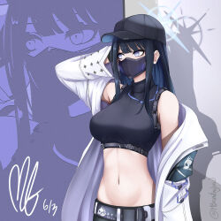 Rule 34 | 1girl, bare shoulders, baseball cap, belt, black belt, black headwear, black shirt, blue archive, blue eyes, blue hair, blunt bangs, breasts, coat, commentary, crop top, drop shadow, hand up, hat, large breasts, long hair, long sleeves, mask, mb (mbisnotmybad), midriff, mouth mask, navel, off shoulder, open clothes, open coat, saori (blue archive), shirt, sleeveless, sleeveless shirt, stomach, upper body, white coat, zoom layer