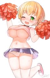 Rule 34 | 1girl, artist name, bare shoulders, black choker, blonde hair, blue skirt, blush, bob cut, bow, bow panties, breasts, cameltoe, choker, crop top, cross-laced footwear, female focus, green eyes, hands up, happy, heart, heart choker, highres, holding, holding pom poms, j2l, jumping, large breasts, leg up, looking at viewer, microskirt, navel, nipples, no bra, one eye closed, open mouth, oppai loli, original, panties, pantyshot, pink footwear, pink shirt, pleated skirt, pom pom (cheerleading), pom poms, see-through, shirt, shoes, short hair, sidelocks, signature, simple background, skindentation, skirt, sleeveless, sleeveless shirt, smile, solo, sparkle, stomach, striped clothes, striped shirt, sweat, teeth, thighhighs, thighs, underboob, underwear, upskirt, white background, white panties, white thighhighs, wide hips, wink
