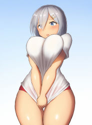 Rule 34 | 10s, 1girl, blue eyes, blush, breasts, breasts squeezed together, clothes pull, covering crotch, covering privates, cowboy shot, embarrassed, eyes visible through hair, gradient background, hair ornament, hair over one eye, hairclip, hamakaze (kancolle), huge breasts, kantai collection, large breasts, looking at viewer, maku ro, no bra, parted lips, shirt, shirt pull, shirt tug, short hair, shorts, silver hair, simple background, solo, standing, thick thighs, thigh gap, thighs, wide hips