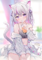 Rule 34 | 1girl, absurdres, ahoge, animal ear fluff, animal ears, blush, cat ears, cat girl, cat tail, collarbone, commentary request, commission, crop top, drinking straw, drinking straw in mouth, grey hair, hair between eyes, hair ornament, hair ribbon, highres, indie virtual youtuber, jacket, medium hair, multicolored hair, navel, nekoyama mia (vtuber), off shoulder, purple eyes, purple hair, purple ribbon, ribbon, rucaco, skeb commission, solo, strap slip, streaked hair, tail, white jacket