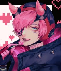Rule 34 | 1girl, apex legends, black gloves, black headwear, black jacket, candy, cyber punked wattson, cyberpunk, eyepatch, food, gloves, heart, holding, holding candy, holding food, holding lollipop, horns, jacket, licking lips, lipstick, lollipop, makeup, official alternate costume, one eye covered, pink hair, portrait, purple lips, solo, tama (ponz3o1), tongue, tongue out, wattson (apex legends)