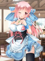 Rule 34 | 1girl, ;q, apron, black thighhighs, blurry, blurry background, bow, bra strap, braid, breasts, cafe, checkered floor, collar, commentary request, corset, crown braid, eyes visible through hair, french braid, frilled apron, frills, hair bow, indoors, kanna hisashi, large bow, large breasts, long hair, looking at viewer, name tag, one eye closed, original, panties, panty peek, pink hair, pink panties, pointy ears, puffy short sleeves, puffy sleeves, red eyes, short sleeves, solo, thighhighs, tongue, tongue out, underwear, waist apron, waitress, wrist cuffs