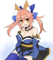 Rule 34 | 10s, 1girl, animal ears, bare shoulders, bow, breasts, cleavage, detached sleeves, fate/extra, fate (series), fox ears, fox tail, hair ribbon, hekikuu (kanaderuyume), pink hair, ribbon, sketch, solo, tail, tamamo no mae (fate/extra), twintails, yellow eyes