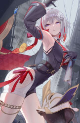 Rule 34 | 1girl, absurdres, ai dongdong, arm up, armpits, bare shoulders, belt, black belt, black gloves, black sleeves, blue eyes, breasts, colored inner hair, construction, detached sleeves, eyeliner, gloves, hair ornament, hand on own chest, highres, honkai: star rail, honkai (series), large breasts, looking at viewer, makeup, multicolored hair, numby (honkai: star rail), parted lips, red eyeliner, short hair, streaked hair, thigh strap, thighs, topaz (honkai: star rail), trotter (honkai: star rail), white hair