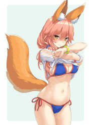 Rule 34 | 1girl, absurdres, animal ear fluff, animal ears, arms up, bikini, bikini under clothes, blue bikini, breasts, cleavage, cowboy shot, fate/grand order, fate (series), fox ears, fox girl, fox tail, hair between eyes, highres, large breasts, long hair, looking at viewer, navel, no pants, orange eyes, pink hair, scrunchie, see-through, shirt, side-tie bikini bottom, simple background, smile, solo, stomach, string bikini, swimsuit, tail, tail raised, takayaki, tamamo (fate), tamamo no mae (fate/extra), tamamo no mae (swimsuit lancer) (fate), tamamo no mae (swimsuit lancer) (second ascension) (fate), thighs, undressing, wet, wet clothes, wet shirt, white background, white shirt, wrist scrunchie