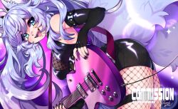 Rule 34 | 1girl, animal ears, black nails, blue hair, breasts, commission, cookie hana, fangs, fishnet pantyhose, fishnets, fox ears, fox tail, green eyes, guitar, holding, holding guitar, holding instrument, instrument, large breasts, long hair, looking at viewer, open mouth, original, pantyhose, shiny clothes, solo, tail, teeth, tongue, upper teeth only