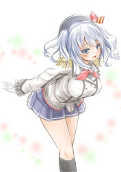 Rule 34 | blue eyes, blue hair, blush, breasts, epaulettes, fujishima shinnosuke, gloves, happy, hat, holding own arm, kantai collection, kashima (kancolle), large breasts, leaning forward, crossed legs, neckerchief, pleated skirt, short hair, skirt, solo, standing, twintails, uniform