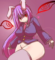Rule 34 | 1girl, animal ears, blazer, bottomless, breasts, rabbit ears, female focus, groin, hakika, heart, hip focus, huge breasts, jacket, long hair, necktie, plump, purple hair, red eyes, reisen udongein inaba, smile, solo, thick thighs, thighhighs, thighs, touhou, wide hips, zettai ryouiki