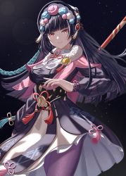 Rule 34 | 1girl, absurdres, arm behind back, black hair, blunt bangs, capelet, chinese clothes, commentary request, fur scarf, genshin impact, hairband, highres, lolita hairband, long hair, long sleeves, looking at viewer, polearm, red eyes, sidelocks, simple background, smile, solo, suzhi2333, vision (genshin impact), weapon, yun jin (genshin impact)
