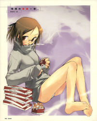 Rule 34 | 00s, 1girl, ashtray, bare legs, barefoot, border, brown eyes, brown hair, cigarette, e=mc2 (mosimosi), feet, full body, glasses, grey panties, hair ornament, hairclip, head tilt, highres, holding, legs, looking at viewer, looking back, maple colors, marlboro, mouth hold, no pants, outside border, panties, pantyshot, parted bangs, ponytail, product placement, profile, purple background, reclining, sakanakura yumi, scan, simple background, sitting, sketch, sleeves past wrists, smoke, smoking, soles, solo, sweater, underwear