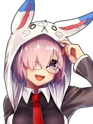 Rule 34 | 1girl, :d, blush, breasts, commentary request, fate/grand order, fate (series), fou (fate), glasses, grey jacket, hair over one eye, hood, hoodie, jacket, koruta (nekoimo), large breasts, long sleeves, looking at viewer, mash kyrielight, necktie, open mouth, pink hair, purple eyes, red necktie, simple background, smile, solo, white background
