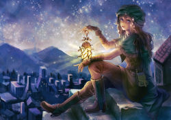 Rule 34 | 1girl, boots, brown footwear, cityscape, fingerless gloves, full body, gloves, hat ornament, hill, holding, holding lantern, knee boots, lantern, long hair, looking at viewer, night, night sky, original, pouch, purple eyes, sitting, sky, stairs, turban, usuda hiro