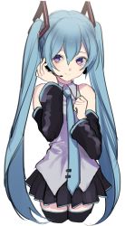 Rule 34 | 1girl, bare shoulders, black skirt, black thighhighs, blue hair, blue necktie, blush, closed mouth, collared shirt, commentary, cropped legs, detached sleeves, grey shirt, hair between eyes, hands up, hatsune miku, highres, legs together, long hair, microphone, necktie, p2 (uxjzz), pleated skirt, purple eyes, shirt, simple background, skirt, sleeveless, sleeveless shirt, smile, solo, standing, thighhighs, twintails, very long hair, vocaloid, white background, wing collar, zettai ryouiki