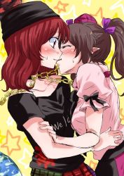 Rule 34 | 2girls, black shirt, blush, brown hair, chain, closed eyes, clothes writing, collar, collarbone, commentary request, earth (ornament), hat, hecatia lapislazuli, himekaidou hatate, kiss, multiple girls, off-shoulder shirt, off shoulder, plaid, plaid skirt, pointy ears, red eyes, red hair, shirt, short sleeves, sketch, skirt, star (symbol), starry background, sweat, t-shirt, tokin hat, touhou, twintails, unya, yuri
