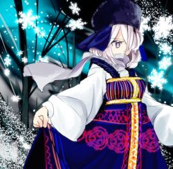 Rule 34 | 1girl, adapted costume, aoi kujira, bad id, bad twitter id, bright pupils, covered mouth, fur hat, hair between eyes, hat, letty whiterock, light purple hair, scarf, snowflakes, solo, touhou, ushanka, white hair, white pupils, wide sleeves