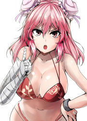 Rule 34 | &gt;:o, 1girl, :o, alternate costume, bandaged arm, bandages, bare shoulders, bikini, breasts, bun cover, cleavage, collarbone, commentary request, cuffs, double bun, floral print, groin, hair between eyes, hair bun, halterneck, hand on own hip, highres, ibaraki kasen, index finger raised, large breasts, leaning forward, looking at viewer, navel, open mouth, pink eyes, pink hair, print bikini, red bikini, scolding, shackles, solo, stomach, swimsuit, touhou, upper body, v-shaped eyebrows, y2
