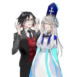 Rule 34 | 1boy, 1girl, black hair, blue cape, cape, constantine xi (fate), dress, earrings, fate/grand order, fate (series), formal, glasses, grey hair, grin, hat, highres, jewelry, long hair, braided hair rings, mitre, necktie, pope joan (fate), red vest, smile, suit, ubwmitekure, vest, white background, white dress