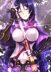 Rule 34 | 1girl, arm guards, arm up, between breasts, black gloves, bodysuit, breasts, covered navel, fate/grand order, fate (series), fingerless gloves, fingernails, glint, gloves, hair between eyes, head tilt, holding, holding sword, holding weapon, impossible bodysuit, impossible clothes, kagachi saku, katana, large breasts, long hair, looking at viewer, minamoto no raikou (fate), parted bangs, parted lips, puffy short sleeves, puffy sleeves, purple eyes, purple hair, ribbed sleeves, sheath, short sleeves, signature, smile, solo, sword, unsheathing, very long hair, weapon, white bodysuit