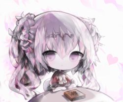 Rule 34 | 1girl, :o, bad id, bad pixiv id, book, chair, chibi, commentary request, cottontailtokki, fran (shadowverse), hair between eyes, headpiece, heart, long hair, looking at viewer, on chair, parted lips, purple eyes, purple hair, red shirt, shadowverse, shingeki no bahamut, shirt, short sleeves, sitting, solo, table, twintails, upper body, very long hair, white background