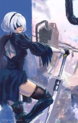 Rule 34 | 1girl, artist name, back cutout, black dress, black hairband, blindfold, boots, clothing cutout, covered eyes, dante t. takumi, dress, feather-trimmed sleeves, hairband, highres, katana, lips, long sleeves, looking at viewer, nier (series), nier:automata, nose, planted sword, planted, silver hair, solo, sword, thigh boots, thighhighs, thighhighs under boots, weapon, 2b (nier:automata)
