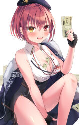 Rule 34 | 1girl, absurdres, beret, between breasts, black gloves, black hat, black jacket, black skirt, blush, breasts, cleavage, collared shirt, fingerless gloves, fur-trimmed jacket, fur trim, gloves, hat, heterochromia, highres, holding, holding money, hololive, houshou marine, houshou marine (businesswoman), id card, jacket, large breasts, looking at viewer, miroku yy, money, official alternate costume, red eyes, red hair, shirt, short hair, skirt, sleeveless, sleeveless shirt, smile, solo, virtual youtuber, white shirt, yellow eyes