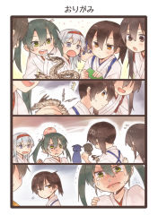 Rule 34 | 10s, 6+girls, akagi (kancolle), anger vein, blue eyes, brown eyes, brown hair, comic, commentary request, crying, crying with eyes open, flying sweatdrops, green eyes, green hair, hair between eyes, head bump, hiryuu (kancolle), japanese clothes, kaga (kancolle), kantai collection, long hair, multiple girls, okinu (okinu dane), open mouth, origami, shoukaku (kancolle), side ponytail, silver hair, souryuu (kancolle), tears, twintails, wavy mouth, zuikaku (kancolle)
