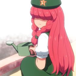 Rule 34 | 1girl, beret, braid, commentary request, cowboy shot, green hat, green skirt, green vest, hair over eyes, hat, holding, hong meiling, long hair, looking back, puffy short sleeves, puffy sleeves, red hair, shirosato, shirt, short sleeves, skirt, skirt set, solo, squatting, star (symbol), touhou, twin braids, vest, watering can, white shirt