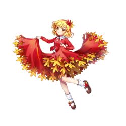 Rule 34 | 1girl, aki shizuha, blonde hair, brown footwear, buttons, closed mouth, clothes lift, full body, game cg, hair ornament, highres, leaf hair ornament, lifting own clothes, long sleeves, looking at viewer, red shirt, red skirt, rotte (1109), shirt, short hair, simple background, skirt, skirt lift, smile, socks, solo, third-party source, touhou, touhou lostword, white background, white socks, yellow eyes