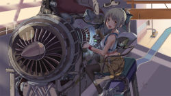 Rule 34 | 10s, 1girl, :d, black pantyhose, bow, brown eyes, cable, chair, character name, dawn02, engine, from side, green hair, hair bow, highres, holding, indoors, jet engine, kantai collection, lens flare, looking at viewer, looking back, looking to the side, machinery, midriff, open mouth, pantyhose, ponytail, sitting, smile, sunlight, turbine, wristband, yuubari (kancolle)