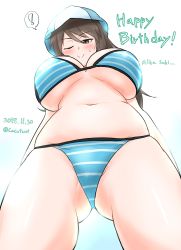 Rule 34 | !, 10s, 1girl, absurdres, bikini, birthday, blue background, blue hat, blush, breasts, brown eyes, brown hair, cube (huidama), female focus, girls und panzer, gradient background, groin, hat, highres, large breasts, looking at viewer, looking down, mika (girls und panzer), navel, one eye closed, simple background, smile, solo, striped bikini, striped clothes, sweat, swimsuit, underboob, white background