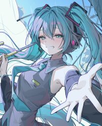 Rule 34 | 1girl, aqua eyes, detached sleeves, hatsune miku, highres, long hair, looking at viewer, necktie, ningen mame, smile, solo, twintails, vocaloid