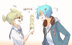 Rule 34 | +++, ^^^, 2boys, blonde hair, blue hair, blue jacket, cable, commentary, closed eyes, food, glasses, hair ornament, hairclip, headphones, headphones around neck, holding, holding food, hood, hoodie, ice cream, ice cream cone, jacket, kagamine len, kaito (vocaloid), laughing, male focus, miso23so, multiple boys, nail polish, necktie, open mouth, plaid neckwear, project diva (series), school jersey (module), school uniform parka (module), shirt, short ponytail, smile, spiked hair, sweat, too many, too many scoops, translated, vocaloid, white hoodie, white shirt, yellow nails
