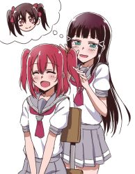 Rule 34 | 10s, 2girls, 9chibiru, :d, ^ ^, adjusting hair, behind another, black hair, brown eyes, closed eyes, green eyes, imagining, in-franchise crossover, kurosawa dia, kurosawa ruby, kyuusenbinore (gavion), long hair, love live!, love live! school idol project, love live! sunshine!!, mole, mole under mouth, multiple girls, neckerchief, open mouth, pleated skirt, red hair, school uniform, serafuku, short hair, short sleeves, siblings, simple background, sisters, sitting, skirt, smile, standing, thought bubble, twintails, two side up, tying hair, v arms, white background, yazawa nico