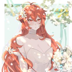 Rule 34 | 1girl, bare shoulders, blurry, blurry background, blush, bouquet, breasts, choker, cleavage, collarbone, dandelion seed, diluc (genshin impact), dress, elbow gloves, flower, genderswap, genderswap (mtf), genshin impact, gloves, hair between eyes, hair flower, hair ornament, highres, holding, holding ribbon, long hair, medium breasts, open mouth, red eyes, red hair, ribbon, solo, tabibitowayo, very long hair, white dress, white flower