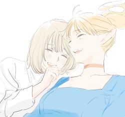 Rule 34 | 2girls, blonde hair, blue dress, blush, closed eyes, dress, dungeon meshi, elf, falin touden, falin touden (tallman), frs2, jewelry, laughing, marcille donato, multiple girls, necklace, pointy ears, ponytail, sketch, smile, white dress