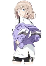 Rule 34 | 1girl, absurdres, bike shorts, black shorts, blue eyes, commentary request, earrings, highres, idolmaster, idolmaster shiny colors, jacket, jewelry, light brown hair, looking at viewer, looking back, nyum, off-shoulder jacket, off shoulder, open clothes, open jacket, purple jacket, serizawa asahi, shirt, short hair, shorts, simple background, sleeves past wrists, solo, white background, white shirt