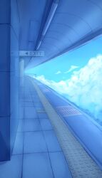 Rule 34 | blue sky, bo cota, ceiling, ceiling light, cloud, cloudy sky, english text, exit sign, highres, no humans, original, scenery, sign, sky, tile floor, tiles, train station, train station platform, wall