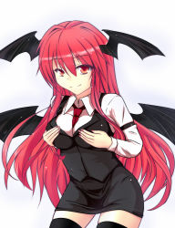Rule 34 | 1girl, arm garter, bat wings, between breasts, black thighhighs, blush, breast hold, breasts, clothes between breasts, dress shirt, female focus, fingernails, gamachi, hands on own chest, head wings, impossible clothes, impossible vest, koakuma, large breasts, long fingernails, long hair, long sleeves, looking at viewer, nail polish, necktie, red eyes, red hair, red necktie, shirt, simple background, skirt, skirt set, smile, solo, thighhighs, touhou, very long hair, vest, white background, white shirt, wings, zettai ryouiki