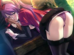 Rule 34 | 1girl, ass, black legwear, blush, breasts, censored, character request, demonion, demonion ii: maou to sannin no joou, fellatio, from behind, game cg, glasses, hand on head, legs, licking, long hair, m&amp;m, nipples, oral, panties, penis, penis on face, pink eyes, pink hair, sitting, small breasts, thighs, underwear