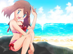 Rule 34 | 1girl, barefoot, bikini, blue eyes, blush, bow, bow swimsuit, brown hair, cloud, commentary request, creatures (company), day, eyelashes, game freak, looking at viewer, may (pokemon), midriff, navel, nintendo, official style, open mouth, outdoors, pink bikini, pokemon, pokemon (anime), pokemon rse (anime), red bow, shore, sitting, sky, smile, solo, sparkle, swimsuit, tongue, water, y@mato
