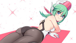 Rule 34 | 1girl, ass, azure striker gunvolt, bare shoulders, blue eyes, blush, bodysuit, breasts, cougar (cougar1404), from behind, gloves, green hair, headgear, helmet, huge ass, leotard, long hair, looking at viewer, lying, on stomach, pantyhose, roro (gunvolt), shiny clothes, shiny skin, sideboob, smile, solo