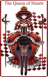 Rule 34 | 1girl, absurdres, alice in wonderland, black eyes, black footwear, boots, breasts, brown hair, character name, cleavage, closed mouth, fishnets, heart, heterochromia, highres, knee boots, large breasts, looking at viewer, queen of hearts (alice in wonderland), red eyes, seungju lee, solo, sword, thighhighs, weapon
