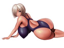 Rule 34 | 10s, 1girl, ass, breasts, curvy, female focus, from behind, hair ornament, hair over one eye, hairclip, hamakaze (kancolle), huge ass, huge breasts, kantai collection, looking at viewer, looking back, mo-frederick, one-piece swimsuit, purple one-piece swimsuit, short hair, simple background, solo, swimsuit, white hair