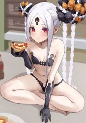 Rule 34 | 1girl, abigail williams (fate), abigail williams (swimsuit foreigner) (fate), abigail williams (swimsuit foreigner) (first ascension) (fate), absurdres, bikini, black bikini, black gloves, bow, cheese trail, commentary request, double bun, eating, elbow gloves, fate/grand order, fate (series), flat chest, food, full body, gloves, hair bow, hair bun, highres, indian style, keyhole, kopaka (karda nui), long hair, looking at viewer, navel, pizza, red eyes, sitting, solo, swimsuit, third eye, white hair