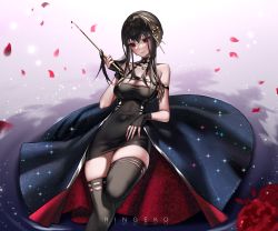 Rule 34 | 1girl, absurdres, artist name, black thighhighs, breasts, cleavage, dagger, dress, earrings, fingerless gloves, gloves, gold earrings, gold hairband, hairband, highres, holding, holding dagger, holding knife, holding weapon, jewelry, knife, large breasts, long hair, looking away, petals, red eyes, ringeko-chan, rose petals, solo, space print, sparkle, spy x family, starry sky print, thighhighs, two-sided dress, two-sided fabric, weapon, yor briar
