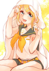 Rule 34 | 1girl, bare shoulders, belt, belt buckle, blonde hair, blue eyes, blush, bow, buckle, fang, grey sailor collar, grey shorts, hair bow, hair ornament, hairclip, highres, kagamine rin, kneeling, midriff peek, mimi mine, navel, neckerchief, number tattoo, on head, open mouth, sailor collar, shirt, shorts, shoulder tattoo, sleeveless, sleeveless shirt, smile, solo, swept bangs, tattoo, treble clef, under covers, vocaloid, white bow, yellow belt, yellow nails, yellow neckerchief