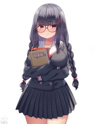 Rule 34 | 1girl, arms under breasts, black serafuku, black skirt, blonde hair, blue sailor collar, blunt bangs, blush, book, hugging book, breast hold, breasts, buttons, commentary request, cowboy shot, crossed arms, curvy, double-breasted, glasses, hair ornament, hairclip, highres, holding, holding book, large breasts, long hair, long sleeves, looking at viewer, magowasabi, miniskirt, neckerchief, hugging object, original, paid reward available, pleated skirt, purple eyes, red neckerchief, sailor collar, school uniform, serafuku, simple background, skirt, solo, thick eyebrows, twintails, white background