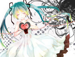 Rule 34 | 1girl, bad id, bad pixiv id, bare shoulders, dress, closed eyes, green hair, hair ribbon, hatsune miku, heart, heart on chest, long hair, ribbon, shunnosuke, smile, solo, string, string of fate, twintails, very long hair, vocaloid
