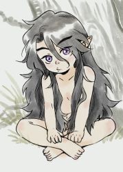 Rule 34 | 1boy, black hair, child, completely nude, eyes visible through hair, guagua sun, hair between eyes, highres, lanxi zhen, long hair, looking at viewer, nude, pointy ears, purple eyes, solo, luo xiaohei zhanji, very long hair, xuan li (the legend of luoxiaohei), aged down